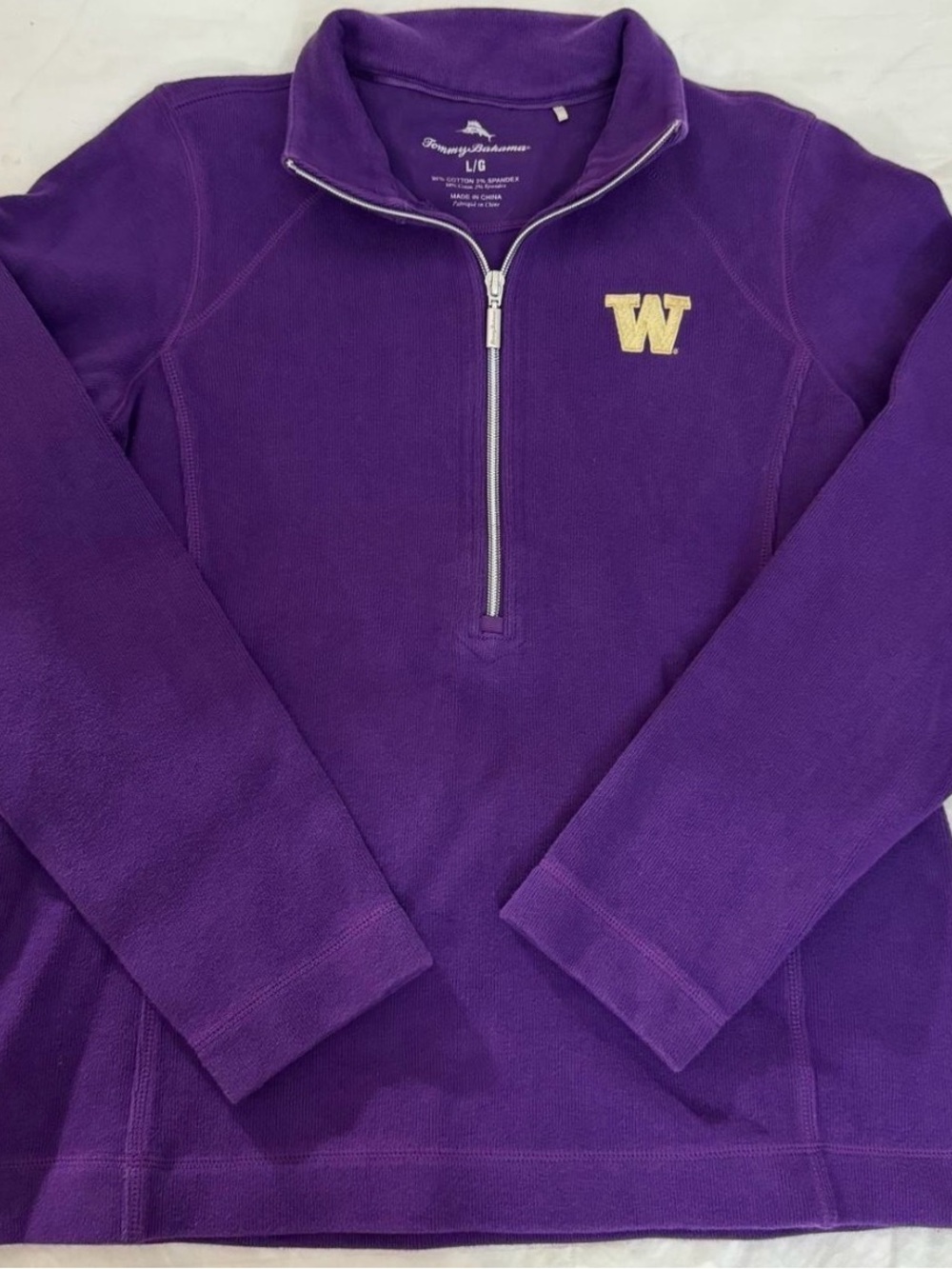 Washington huskies Tommy Bahama purple quarter zip with gold 'W' logo, size L